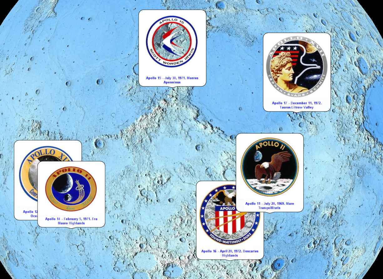 Fourth slide - Apollo Landing sites with annotations on the lunar surface showing location and mission badges.